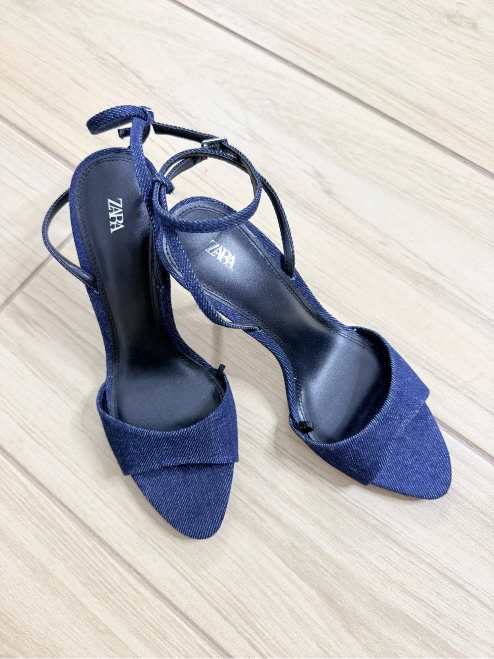 ZARA Denim High Heel Sandals Stiletto Silver Strappy Ankle Strap NWOT 39 Y2K